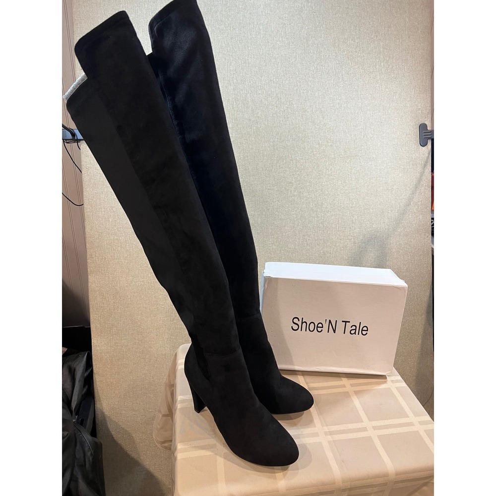 Shoe'N Tale Womens Black Faux Suede Over The Knee Thigh High Block Heel Boots 41